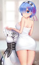 Rule 34 | 10s, 1girl, ango, ankkoyom, apron, artist name, ass, back, bad id, bad pixiv id, bare shoulders, black ribbon, blue eyes, blue hair, blunt bangs, blush, bow, breasts, closed mouth, covered erect nipples, cowboy shot, dress, unworn dress, frilled dress, frilled skirt, frilled sleeves, frills, from behind, hair ornament, hair over one eye, highres, hip focus, holding, holding clothes, holding dress, large breasts, legs together, looking at viewer, looking back, maid, maid headdress, matching hair/eyes, naked towel, nape, pink ribbon, re:zero kara hajimeru isekai seikatsu, rem (re:zero), ribbon, see-through, short hair, signature, skirt, sleeveless, sleeveless dress, solo, tareme, towel, waist apron, wet, wet clothes, wide hips, x hair ornament