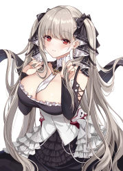 Rule 34 | 1girl, azur lane, bare shoulders, between breasts, black bow, black dress, blush, bow, breasts, brown hair, cleavage, closed mouth, clothing cutout, collarbone, corset, cowboy shot, detached collar, detached sleeves, dress, earrings, formidable (azur lane), frilled dress, frills, hair bow, highres, holding, holding own hair, jewelry, large breasts, long sleeves, looking at viewer, muki (muki kunxd), red eyes, shoulder cutout, simple background, solo, strapless, strapless dress, twintails, white background