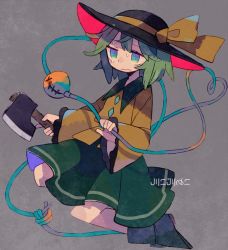 Rule 34 | 1girl, axe, bad id, bad pixiv id, black footwear, black hat, blue eyes, bow, character name, crying, crying with eyes open, daizu (melon-lemon), green hair, green skirt, grey background, hat, heart, heart of string, komeiji koishi, long sleeves, shirt, shoes, short hair, skirt, solo, sweat, tears, third eye, touhou, wavy mouth, weapon, wide sleeves, yellow bow, yellow shirt
