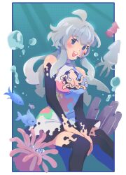Rule 34 | 1girl, blue eyes, blush, bodypaint, cleavage cutout, clothing cutout, commission, commissioner upload, dress, grey hair, highres, looking at viewer, nova borealis, original, paint splatter, paint splatter on face, smile, squid, tentacle hair, underwater