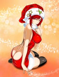 1girl absurdres alternate_costume ass breasts butt_crack christmas dimples_of_venus fenrirvancross from_side gem hair_ornament hat headpiece highres jewelry large_breasts looking_at_viewer meme_attire nintendo pyra_(xenoblade) red_hair santa_hat simple_background solo swept_bangs tiara virgin_killer_sweater white_background xenoblade_chronicles_(series) xenoblade_chronicles_2