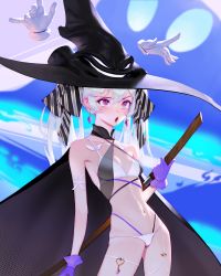Rule 34 | 1girl, absurdres, armpits, bikini, black cape, black hat, bow, breasts, cape, cleavage, commentary, cowboy shot, detached collar, diagonal stripes, disembodied hand, earrings, english commentary, gloves, hair between eyes, hair bow, hat, highres, jewelry, linea alba, long hair, navel, open mouth, original, pink eyes, purple gloves, small breasts, solo, standing, stomach, striped, striped bow, swimsuit, symbol-shaped pupils, thigh strap, thighs, twintails, white bikini, white hair, witch hat, wonbin lee, x-shaped pupils