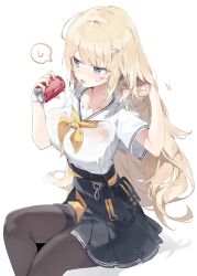 Rule 34 | 1girl, absurdres, black pantyhose, black skirt, blonde hair, blue eyes, blush, breasts, can, character request, coca-cola, copyright request, drink can, hair ornament, hairclip, highres, holster, hot, large breasts, long hair, meunhongcha, neckerchief, open mouth, pantyhose, pleated skirt, sailor collar, school uniform, see-through, see-through shirt, serafuku, shirt, short sleeves, simple background, sitting, skirt, soda, soda can, solo, spoken sweatdrop, sweat, sweatdrop, tongue, tongue out, wet, wet clothes, wet shirt, white background, yellow neckerchief