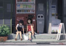 Rule 34 | 2girls, bag, black dress, black eyes, black hair, blue shorts, bottle, brown footwear, building, bush, child, coca-cola, cola, commentary, dated, day, denim, denim shorts, dress, floral print, flower, food, highres, holding, holding bag, ice cream, knee up, knees together feet apart, looking at another, looking down, looking to the side, multiple girls, original, outdoors, pink footwear, plant, plastic bag, red shirt, road, sandals, scenery, shade, shirt, short hair, short sleeves, shorts, side-by-side, sign, signature, sitting, spring (season), street, sunlight, tank top, tape, translation request, trash can, vending machine, white flower, white shirt, window, yakikoke
