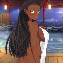 Rule 34 | 1girl, ass, baochan, black hair, breasts, butt crack, challengia, dark-skinned female, dark skin, large breasts, long hair, looking at viewer, looking back, nchans style, night, official art, onsen, open mouth, orcaleon, sideboob, towel, towel over breasts, water drop, wet, yellow eyes