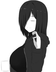 Rule 34 | 1girl, black hair, black jacket, breasts, closed mouth, coffee mug, commentary request, cup, facing viewer, from side, greyscale, hair over one eye, hand gesture, holding, jacket, large breasts, long hair, long sleeves, monochrome, mug, naozuri, ok sign, open clothes, open jacket, original, pai-chan (naozuri), skirt, smile, solo, upper body, white skirt