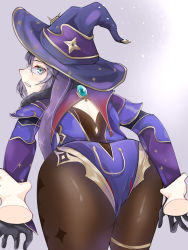Rule 34 | 1girl, artist request, ass, blush, cape, detached sleeves, elbow gloves, from behind, genshin impact, gloves, green eyes, hair ornament, hair ribbon, hat, highres, huge ass, leotard, long hair, looking at viewer, looking back, mona (genshin impact), pantyhose, pov, purple hair, ribbon, shiny clothes, solo focus, thighlet, twintails, very long hair