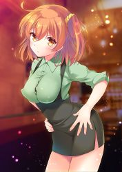 Rule 34 | 1girl, ahoge, alternate costume, blush, breasts, collared shirt, fate/grand order, fate (series), fujimaru ritsuka (female), green shirt, green skirt, hair ornament, hair scrunchie, hands on own hips, large breasts, looking at viewer, one side up, open mouth, orange eyes, orange hair, orange scrunchie, pencil skirt, scrunchie, shirt, short hair, short sleeves, skirt, solo, suspender skirt, suspenders, tanabe, thighs