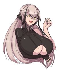 Rule 34 | 1girl, arm under breasts, asymmetrical clothes, breasts, cleavage, clothing cutout, gaia (girls&#039; frontline), girls&#039; frontline, huge breasts, long hair, looking at viewer, low twintails, multicolored hair, murachan (kuzukago), open mouth, smile, solo, twintails, upper body, very long hair, yellow eyes