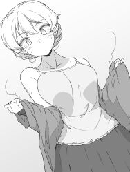Rule 34 | 1girl, absurdres, braid, camisole, closed mouth, clothes pull, commentary request, cowboy shot, darjeeling (girls und panzer), dutch angle, girls und panzer, greyscale, highres, jacket, jacket pull, long sleeves, looking at viewer, monochrome, off shoulder, pleated skirt, renshiu, short hair, skirt, solo, standing, steam, sweat, twin braids, undressing
