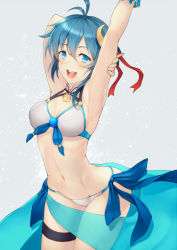 Rule 34 | 1girl, :d, aqua sarong, arched back, armpits, arms up, bad id, bad pixiv id, bare arms, bare shoulders, bikini, blue eyes, blue hair, breasts, cleavage, cowboy shot, crescent, crescent hair ornament, front-tie bikini top, front-tie top, groin, hair ornament, hip focus, kyoeiki, looking at viewer, medium breasts, navel, open mouth, pale skin, pointy ears, rena lanford, sarong, see-through, see-through silhouette, short hair, side-tie bikini bottom, smile, solo, star ocean, star ocean the second story, swimsuit