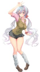 Rule 34 | 1girl, absurdres, akisuko, black skirt, blush, breasts, collarbone, full body, hair ornament, hair ribbon, highres, jewelry, large breasts, long hair, looking at viewer, miniskirt, nail polish, necklace, open mouth, pink shirt, purple eyes, ribbon, senki zesshou symphogear, shiny skin, shirt, simple background, skirt, solo, standing, sweater, twintails, w, white background, white hair, yukine chris