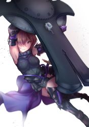Rule 34 | 1girl, absurdres, armor, armored boots, armored dress, bare shoulders, boots, breasts, elbow gloves, fate/grand order, fate (series), gloves, hair over one eye, highres, large breasts, mash kyrielight, pink hair, purple eyes, shield, short hair, solo, thighhighs, trini
