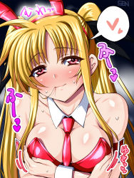 Rule 34 | 00s, 1girl, animal ears, between breasts, blonde hair, breasts, fake animal ears, fate testarossa, hair in own mouth, large breasts, long hair, lyrical nanoha, mahou shoujo lyrical nanoha strikers, necktie, playboy bunny, rabbit ears, red eyes, sen (sansui), twintails