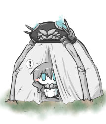 Rule 34 | 10s, 1girl, abyssal ship, aqua eyes, blush stickers, chibi, goma (gomasamune), grey hair, hat, unworn hat, unworn headwear, jitome, kantai collection, solo, tent, wo-class aircraft carrier