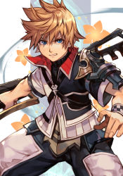 Rule 34 | 1boy, armor, blonde hair, collared shirt, flower, hungry clicker, jacket, keyblade, kingdom hearts, kingdom hearts birth by sleep, looking at viewer, male focus, shirt, short hair, short sleeves, simple background, solo, spiked hair, strap, teeth, ventus (kingdom hearts), weapon, white background, wrist cuffs