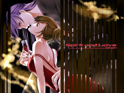 Rule 34 | 1boy, 1girl, arched back, backless dress, backless outfit, black shirt, blouse, brown hair, collared shirt, couple, cup, dress, drinking glass, eyelashes, glass, hetero, holding hands, interlocked fingers, kamui gakupo, long hair, meiko (vocaloid), purple hair, shirt, sitting, song name, toyu, vocaloid, wine glass