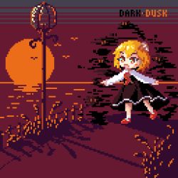 Rule 34 | 1girl, ascot, black skirt, blonde hair, commentary, darkness, english commentary, english text, icicle tokamak, lamppost, long sleeves, open mouth, outstretched arms, pixel art, red ascot, red eyes, red footwear, red ribbon, ribbon, rumia, shirt, shoes, short hair, skirt, solo, spread arms, sun, touhou, white shirt