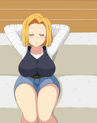 Rule 34 | 1girl, aaa (nisetsuru), android 18, arms behind head, arms up, belt, blonde hair, blush, bob cut, breasts, couch, dragon ball, dragonball z, closed eyes, floor, from above, highres, large breasts, legs, legs together, parted lips, raglan sleeves, short hair, shorts, sitting, sleeping, snoring, solo, thick thighs, thighs