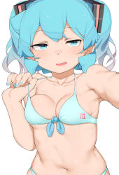 Rule 34 | 1girl, abmayo, blush, breasts, collarbone, cowboy shot, green eyes, green hair, green nails, hair ornament, hand up, hatsune miku, highres, medium breasts, medium hair, nail polish, navel, open mouth, shiny skin, simple background, skindentation, solo, twintails, vocaloid