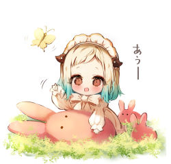 Rule 34 | 1girl, :d, animal, blonde hair, blue hair, blush, bow, brown eyes, bug, butterfly, commentary request, forehead, full body, gradient hair, grass, highres, insect, jibaku shounen hanako-kun, long hair, long sleeves, looking at viewer, magatama, magatama hair ornament, mokke (jibaku shounen hanako-kun), multicolored hair, onesie, open mouth, piyokichi, puffy long sleeves, puffy sleeves, rabbit, simple background, sleeves past wrists, smile, translation request, white background, white bow, yashiro nene, aged down
