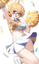 Rule 34 | 1girl, :d, absurdres, ahoge, arm up, armpits, blonde hair, blue archive, blush, breasts, crop top, detached collar, glasses, hair between eyes, halo, highres, holding, holding pom poms, kotori (blue archive), kotori (cheer squad) (blue archive), looking at viewer, medium breasts, millennium cheerleader outfit (blue archive), open mouth, pom pom (cheerleading), pom poms, red eyes, semi-rimless eyewear, shoes, short twintails, simple background, skirt, smile, solo, stone (ksorede), thigh strap, twintails, v-shaped eyebrows, white background, white footwear, white skirt