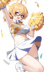 1girl :d absurdres ahoge arm_up armpits blonde_hair blue_archive blush breasts crop_top detached_collar glasses hair_between_eyes halo highres holding holding_pom_poms kotori_(blue_archive) kotori_(cheer_squad)_(blue_archive) looking_at_viewer medium_breasts millennium_cheerleader_outfit_(blue_archive) open_mouth pom_pom_(cheerleading) pom_poms red_eyes semi-rimless_eyewear shoes short_twintails simple_background skirt smile solo stone_(ksorede) thigh_strap twintails v-shaped_eyebrows white_background white_footwear white_skirt