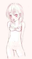Rule 34 | 1girl, blush, bra, breasts, flat chest, highres, lingerie, monochrome, original, panties, pink eyes, pink theme, royalwatts, short hair, small breasts, solo, underwear, underwear only