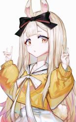 Rule 34 | 1girl, absurdres, animal ears, black bow, blonde hair, bow, bowtie, double fox shadow puppet, fox shadow puppet, hair bow, highres, jin grey paladin, light blush, long hair, long sleeves, looking at viewer, multicolored hair, non-web source, parted lips, pink hair, puffy long sleeves, puffy sleeves, sailor collar, sideways glance, solo, streaked hair, sweater, tail, thick eyebrows, upper body, virtual youtuber, vyugen, white bow, white bowtie, white sailor collar, yellow eyes, yellow sweater, yenko (vtuber)
