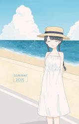 Rule 34 | 1girl, absurdres, ame (amemgmgmg), arms behind back, bad id, bad pixiv id, beach, black hair, blue sky, braid, closed eyes, cloud, day, dress, hat, highres, horizon, long hair, open mouth, original, outdoors, sand, sky, solo, standing, twin braids, water, white dress