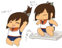 Rule 34 | 10s, 1girl, chibi, closed eyes, comic, gaiko kujin, i-401 (kancolle), jumping, kantai collection, sailor collar, school swimsuit, short ponytail, simple background, solo, swimsuit, swimsuit under clothes, tan, translation request