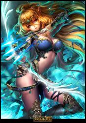 Rule 34 | 1girl, armor, arrow (projectile), bikini armor, black border, boots, border, bow (weapon), breasts, collaboration, copyright name, elf, hair between eyes, high heel boots, high heels, jewelry, large breasts, long hair, magic, magic knight, matching hair/eyes, navel, nguy thuy ngan, official art, omocha-san, orange eyes, orange hair, pendant, pointy ears, shoulder armor, single pauldron, solo, pauldrons, thigh boots, thighhighs, vambraces, weapon