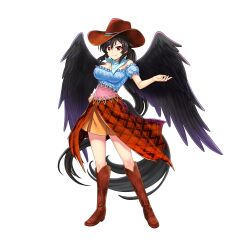 Rule 34 | 1girl, aqua background, black hair, black wings, boots, breasts, brown footwear, brown hat, brown skirt, closed mouth, cowboy boots, cowboy hat, full body, game cg, hat, highres, horse tail, kurokoma saki, large breasts, long hair, looking at viewer, multicolored clothes, off shoulder, pegasus wings, plaid, plaid skirt, ponytail, red eyes, rotte (1109), sidelocks, simple background, skirt, smile, solo, tail, third-party source, touhou, touhou lostword, very long hair, white background, wings