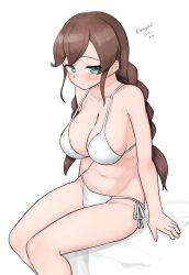 Rule 34 | 1girl, absurdres, alternate costume, aqua eyes, bikini, blush, braid, breasts, cleavage, closed mouth, commentary request, dated, feet out of frame, highres, kantai collection, large breasts, long hair, looking at viewer, maru (marg0613), navel, noshiro (kancolle), one-hour drawing challenge, simple background, sitting, solo, swimsuit, twin braids, twitter username, very long hair, white background, white bikini