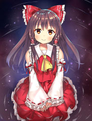 Rule 34 | 1girl, blush, bow, brown eyes, brown hair, collar, collared shirt, commentary, detached sleeves, frilled bow, frilled collar, frilled skirt, frilled sleeves, frills, hair bow, hair tubes, hakurei reimu, hand on lap, japanese clothes, light blush, long hair, looking at viewer, mikako, miko, neckerchief, night, night sky, own hands together, red bow, red shirt, red skirt, ripples, shirt, sitting, skirt, sky, smile, solo, star (sky), starry sky, touhou, white collar, white sleeves, yellow neckerchief