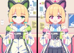 Rule 34 | 2girls, animal ear headphones, animal ears, animated, animated gif, arm up, black skirt, blinking, blonde hair, blue archive, blue necktie, blush, bow, cat ear headphones, closed eyes, closed mouth, collared shirt, fake animal ears, green eyes, hair bow, halo, handheld game console, headphones, holding, holding handheld game console, jacket, long sleeves, midori (blue archive), momoi (blue archive), multiple girls, necktie, open clothes, open jacket, open mouth, piao mao, pink eyes, pixel art, playing games, shaded face, shirt, siblings, sisters, skirt, smile, sweatdrop, twins, white jacket, white shirt