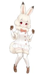 Rule 34 | 10s, 1girl, animal ears, boots, bow, bowtie, coat, full body, fur-trimmed legwear, fur-trimmed sleeves, fur collar, fur trim, gloves, hands up, ise (0425), kemono friends, knees together feet apart, looking at viewer, mountain hare (kemono friends), multicolored clothes, multicolored gloves, pink hair, rabbit ears, rabbit tail, red eyes, short hair, simple background, skirt, solo, standing, tail, thighhighs, white background, white coat, white hair, white skirt, white thighhighs, zettai ryouiki