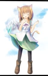 Rule 34 | 1girl, animal ears, blouse, boots, brown hair, cat ears, cat tail, closed eyes, letterboxed, open mouth, original, pantyhose, shirt, single wing, skirt, solo, tail, wings, yuuhagi (amaretto-no-natsu)