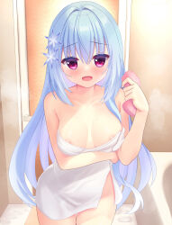 Rule 34 | 1girl, absurdres, areola slip, arm under breasts, bare arms, bathroom, blue hair, blush, breast hold, breasts, breasts apart, collarbone, commentary, cowboy shot, curvy, eyelashes, eyes visible through hair, hair between eyes, hair intakes, hair ornament, hamidashi creative, hand up, highres, holding, holding sponge, indoors, large breasts, light blue hair, long hair, looking at viewer, naked towel, nanatsu (na na tsu), open mouth, red eyes, sidelocks, smile, snowflake hair ornament, solo, sponge, straight-on, straight hair, thigh gap, towel, very long hair, wet, yukige shiki