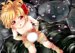 Rule 34 | 1girl, bath, blonde hair, blush, bow, breasts, convenient censoring, from above, hair bow, hair ribbon, looking up, nipples, nude, open mouth, partially submerged, red eyes, ribbon, rumia, short hair, shouwaru, small breasts, solo, tareme, touhou