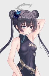 Rule 34 | 1girl, arm behind head, armpits, black dress, black hair, blue archive, butterfly hair ornament, china dress, chinese clothes, commentary request, double bun, dress, grey eyes, groin, hair between eyes, hair bun, hair ornament, halo, hgdnmlj, highres, kisaki (blue archive), long hair, looking at viewer, no panties, parted lips, pelvic curtain, presenting armpit, print dress, side slit, sidelocks, simple background, sleeveless, solo, twintails, white background