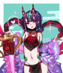 Rule 34 | 1girl, :d, bare shoulders, blue background, chinese clothes, commentary, contrapposto, dudou, english commentary, fangs, fate/grand order, fate (series), flat chest, glint, headpiece, heart, horns, japanese clothes, kimono, looking at viewer, off shoulder, open mouth, pelvic curtain, purple eyes, purple hair, purple kimono, shuten douji (fate), shuten douji (fate/grand order), shuten douji (halloween caster) (fate), sketch, smile, solo, standing, terupancake, twitter username