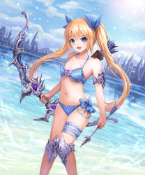 Rule 34 | 1girl, armor, arrow (projectile), bad id, bad pixiv id, bare shoulders, bikini, bikini armor, blonde hair, blue bikini, blue bow, blue eyes, blue sky, bow, bow (weapon), breasts, bridal garter, building, chain, cloud, day, eyebrows, highres, holding, holding arrow, holding bow (weapon), holding weapon, long hair, looking at viewer, lunacle, navel, o-ring, o-ring top, open mouth, original, outdoors, sky, small breasts, smile, solo, standing, swimsuit, twintails, weapon