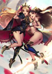 Rule 34 | 2girls, :d, armlet, armor, armored boots, ass, backlighting, bare arms, bare legs, bare shoulders, bikini, black bikini, black cape, black leotard, black ribbon, blonde hair, blue thighhighs, blush, boots, breasts, brown hair, cape, cian yo, ereshkigal (fate), fate/grand order, fate (series), full body, hair ribbon, hand up, heavenly boat maanna, high heel boots, high heels, highres, holding hands, hood, interlocked fingers, ishtar (fate), knee boots, leotard, long hair, looking at viewer, midair, mismatched bikini, motion lines, multiple girls, open mouth, parted bangs, petals, red eyes, ribbon, single thighhigh, small breasts, smile, swimsuit, thighhighs, thighs, tiara, tohsaka rin, two side up, very long hair, white bikini, yellow footwear
