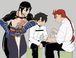 Rule 34 | 10s, 3boys, :d, ^ ^, asaya minoru, bad id, bad twitter id, bandaged hand, bandages, black hair, black pants, blouse, braid, chaldea uniform, chest tattoo, closed eyes, collarbone, fate/extra, fate/grand order, fate (series), fujimaru ritsuka (male), gauntlets, green eyes, grey background, hair between eyes, jacket, li shuwen (fate), li shuwen (young) (fate), li shuwen (young) (first ascension) (fate), long hair, long sleeves, low ponytail, male focus, multiple boys, open mouth, pants, ponytail, red hair, shirt, short sleeves, simple background, single braid, sitting, smile, standing, tattoo, topless male, uniform, v-shaped eyebrows, very long hair, white jacket, white shirt, yan qing (fate)