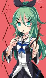 Rule 34 | 1girl, blue eyes, choker, collarbone, detached sleeves, food, giving, green hair, hair between eyes, hair ornament, hair ribbon, hairclip, hebitsukai-san, highres, holding, kantai collection, long hair, looking at viewer, pleated skirt, pocky, pocky day, red background, ribbon, school uniform, serafuku, simple background, skirt, solo, translated, yamakaze (kancolle)