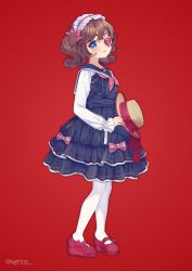 Rule 34 | 1girl, bad id, bad pixiv id, blue dress, blue eyes, blush, boater hat, bow, brown hair, commentary request, curly hair, dress, eyepatch, frilled sleeves, frills, full body, hairband, hat, hat ribbon, heart, high heels, holding, holding clothes, holding hat, layered dress, lolita fashion, lolita hairband, long sleeves, looking at viewer, mary janes, neckerchief, open mouth, original, pantyhose, platform footwear, platform heels, puffy sleeves, red background, red footwear, red neckerchief, red ribbon, ribbon, rinndouk, sailor collar, sailor dress, shoes, short twintails, simple background, smile, solo, standing, thighhighs, twintails, twitter username, two side up, unworn hat, unworn headwear, wedge heels, white pantyhose, white ribbon