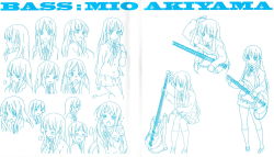 Rule 34 | 1girl, akiyama mio, bass guitar, black eyes, black hair, character name, character sheet, expressions, highres, instrument, k-on!, long hair, monochrome, simple background