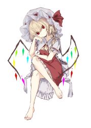 Rule 34 | 1girl, absurdres, ascot, barefoot, blonde hair, crossed legs, crystal, eyebrows hidden by hair, feet, flandre scarlet, full body, hair between eyes, hand on own cheek, hand on own face, hat, hat ribbon, head tilt, highres, invisible chair, legs, light smile, looking at viewer, mob cap, nail polish, r utchi, red eyes, red nails, ribbon, short sleeves, simple background, sitting, skirt, solo, toenail polish, toenails, toes, touhou, white background, wings