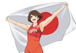 1girl 2024_summer_olympics breasts brown_eyes brown_hair commentary_request flag hide12862152 highres holding holding_flag japanese_flag olympics open_mouth orange_unitard original short_hair small_breasts smile solo toned unitard video_crop